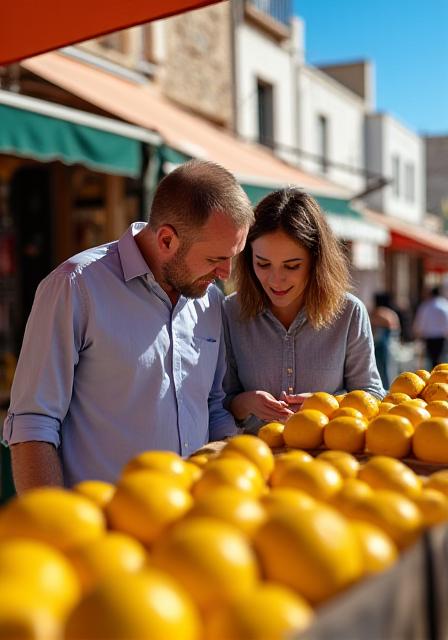 Students interacting at a mock vegetable stall