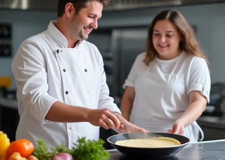 Group of students cooking together in a professional kitchen