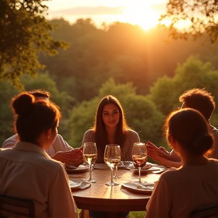Outdoor social gathering with people talking excitedly