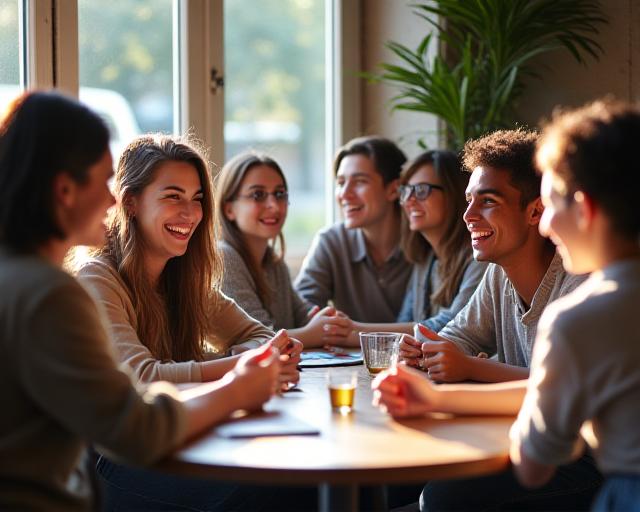 Students practicing language in a Parisian cafe setting