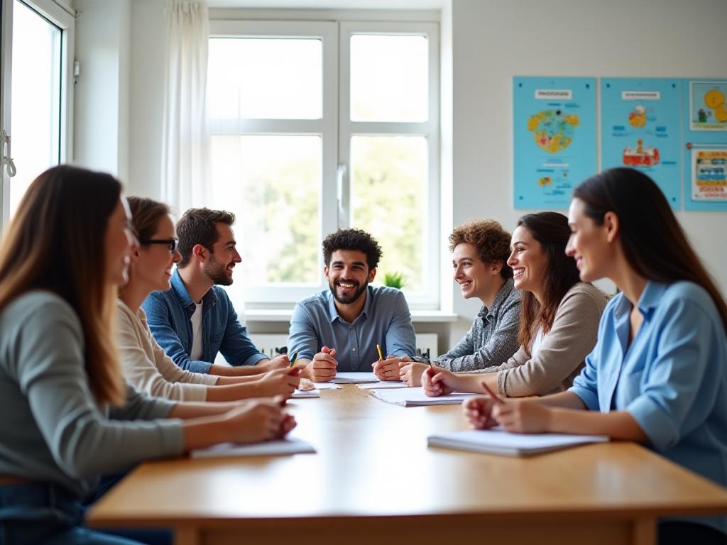 Students collaborating in a bright language classroom